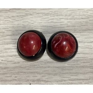 Black Clip On Earrings w/ Red Stones Round Vintage A22
